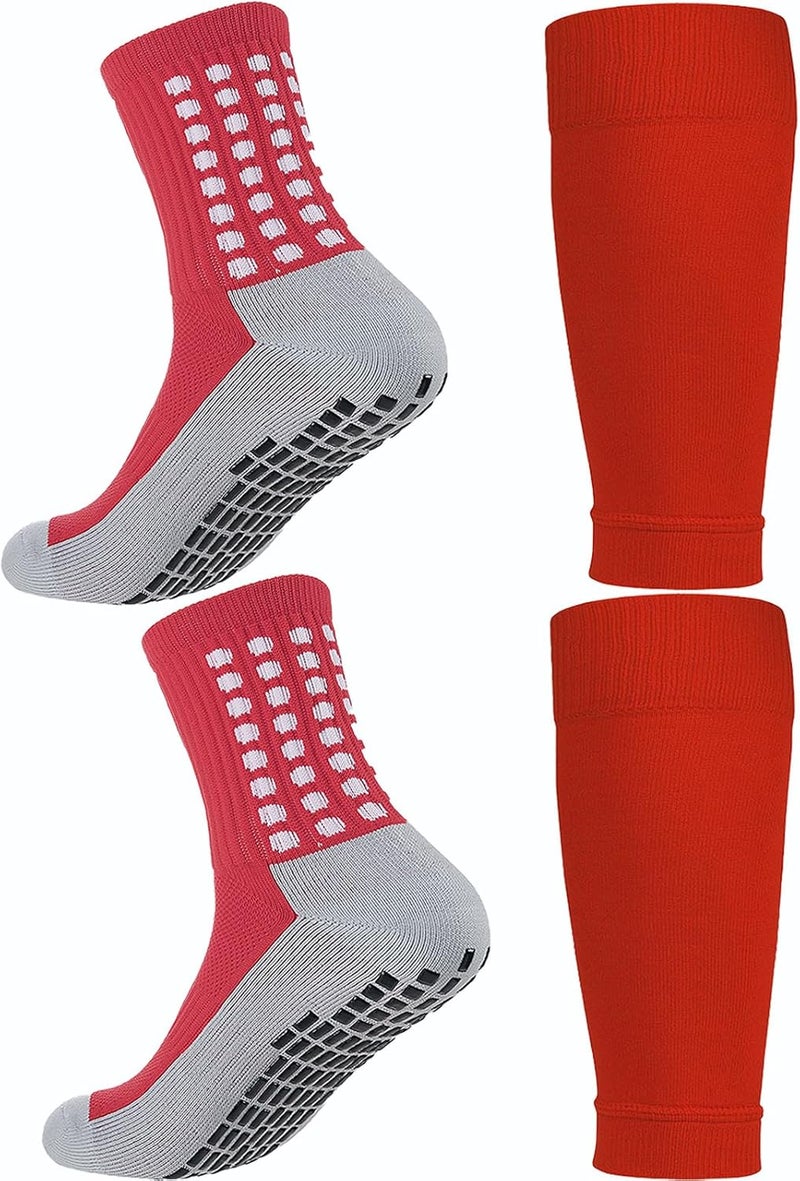 KMOLY 1 Set Kids Grip Soccer Socks and Shin Guard Sleeves for Age 7-14 Youth Boys Children Football Basketball Training - Image 1